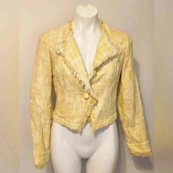 CAbi Yellow Daisy Statement Tweed Fringe Cropped Jacket Medium Style 339 Small - Picture 1 of 10